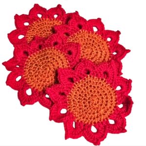Vibrant Red and Orange Crochet Poinssttia Coasters -Set Of 4-